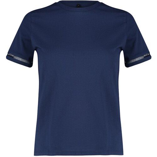 Trendyol navy blue 100% cotton embroidery detailed basic crew neck knitted t-shirt Slike