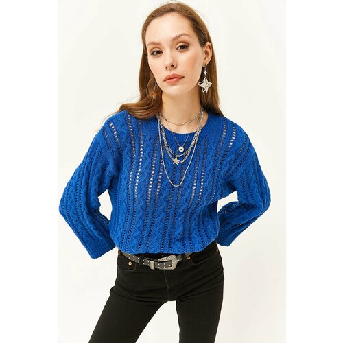 Olalook Women's Saxe Blue Hair Braided Openwork Knitwear Sweater Slike