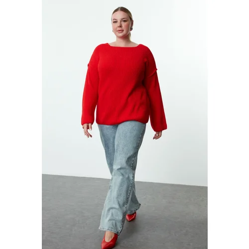 Trendyol Curve Red Boat Neck Stitching Detailed Knitwear Sweater