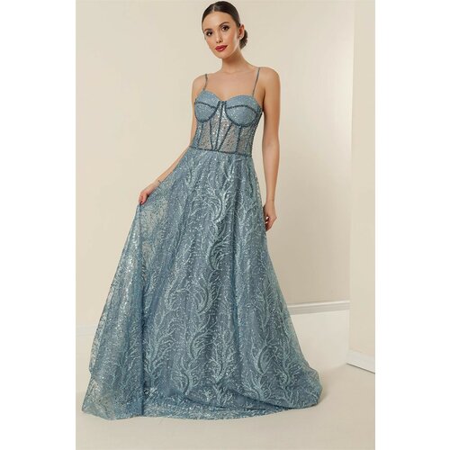 By Saygı Sequins And Glitter Underwire Long Dress With Beading Detailed, Lined Indigo. Slike