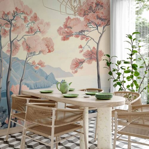  Foto tapeta - Landscape with the Ocean Cliffs and Trees in Delicate Pink Shades 150x105 Vodootporna Cijene