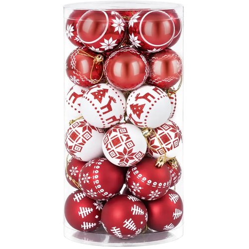  Set božićnih kuglica 30 kom. Crvena i bijela &amp;Oslash; 6 cm Plastika - Crvena i bijela (klasični nordijski motiv) Slike
