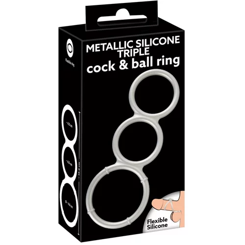 You2Toys - trostruki silikonski prsten za penis i testise s metalnim efektom (srebrni)