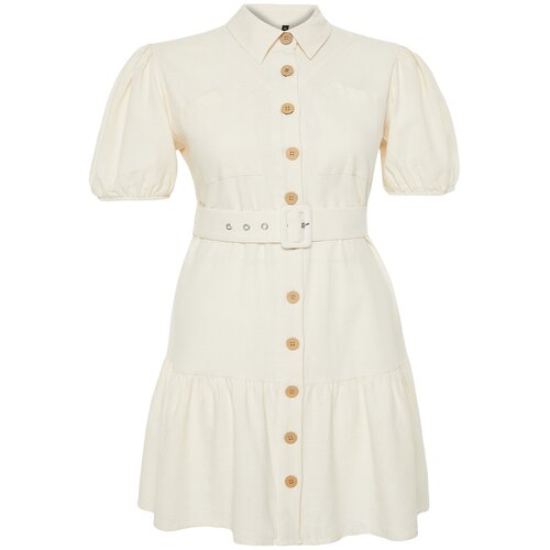 Trendyol Curve Beige High Neck Linen Shirt Dress Slike