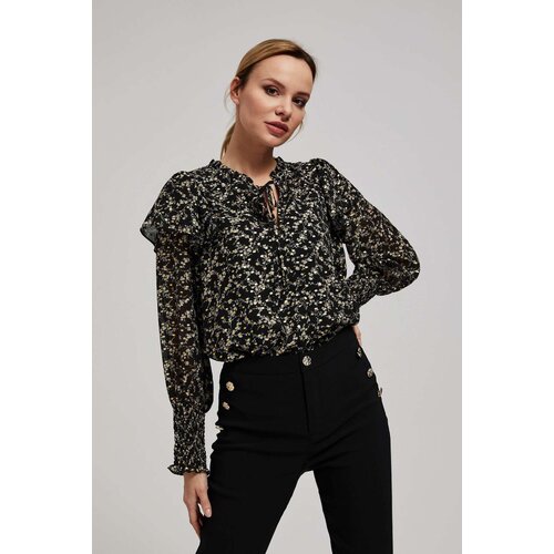 Marisse Patterned Shirt With A Tie At The Neckline, Black Slike