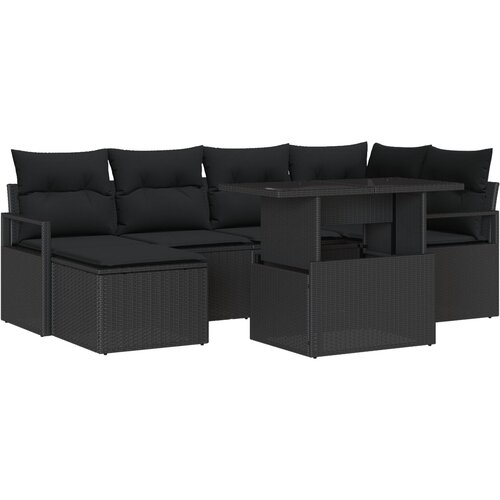 VidaXL 7-dijelni vrtni sofa set s jastucima Crni poli ratan, 2-sjedala vrtna sofa s jastucima Crni poli ratan Slike