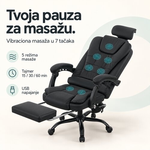 Trick Y707M PLUS masažna kancelarijska stolica sa 7 masažnih tačaka i osloncem za noge, crna Slike