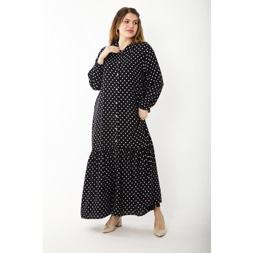 Şans Women's Plus Size Black Woven Viscose Fabric Front Length Buttoned Hem Tiered Dress Slike