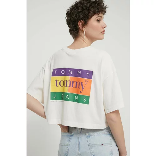 Tommy Jeans Bombažna kratka majica ženska, bež barva, DW0DW18141