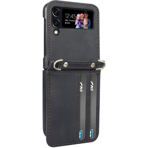 AVIZAR Etui Samsung Z Flip 4, usnjen ovitek z držalom za kartico in naramnico, crna, (20616768) Cene