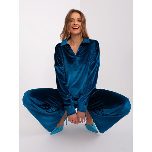 Fashion Hunters Navy Two-Piece Velvet Set With Pants Slike