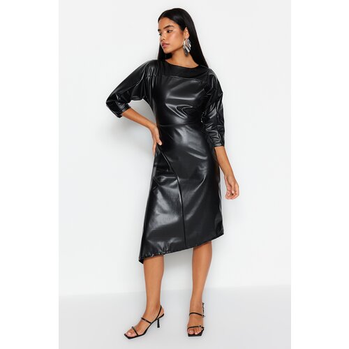 Trendyol Black Waist Opening Asymmetric Skirt Faux Leather Woven Dress Slike