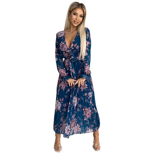 numoco basic Numoco pleated chiffon long dress with neckline, long sleeves and belt Cene