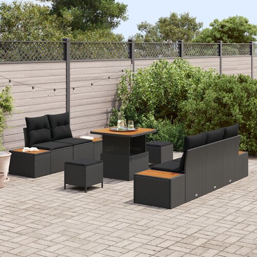 vidaXL 8-delni vrtni sofa set z blazinami črno poli ratan akacija, 3-delni vrtni jedilni set z blazinami črno poli ratan akacija Cene