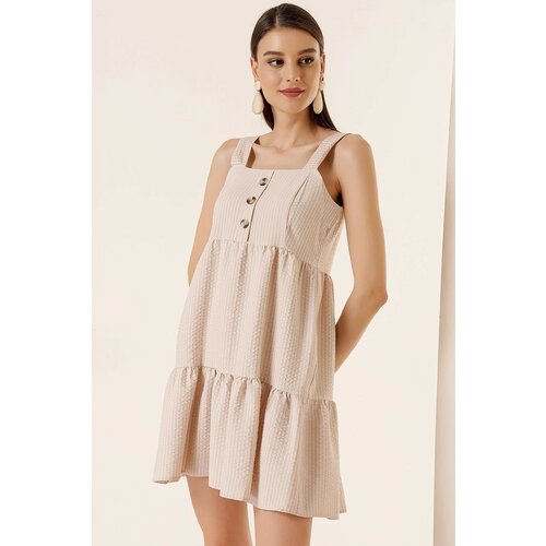 By Saygı Thick Straps and Lined Striped Frilled Dress Beige Slike
