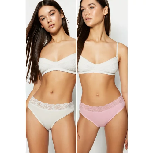 Trendyol Ecru-Pink 2-Pack Lace Detailed Cotton Classic Panties