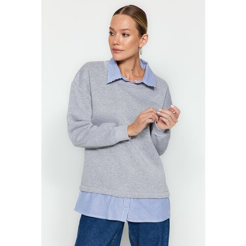 Trendyol Gray Melange Shirt Collar with Poplin Detail Thick Fleece Inside Regular Fit Knitted Sweatshirt Slike