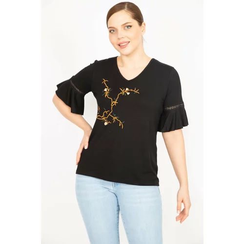 Şans Women's Black Plus Size V-Neck Blouse With Embroidery Front And Lace Detailed Sleeves