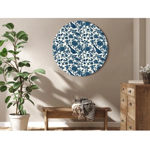  Okrugla slika - Birds and roses - monochrome blue pattern with botanical motif 80x80 Cijene