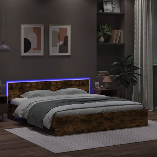 vidaXL Posteljni okvir z vzglavjem in LED dimljen hrast 200x200 cm Cene