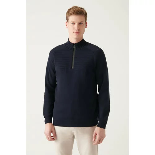Avva Men's Navy Blue Half Zipper High Neck Knit Detail Cotton Standard Fit Regular Cut Knitwear Sweater
