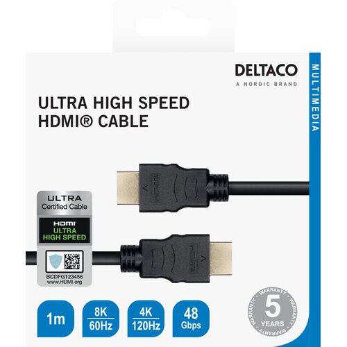 Deltaco Kabel Ultra High Speed HDMI ARC, QMS, 8K u 60Hz, 4K UHD u 120Hz, 1m, crni Slike