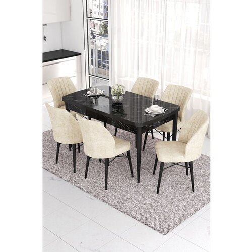 Hanah home Eva - Black Marble, Cream Black MarbleCream Extendable Dining Table & Chairs Set (7 Pieces) Cene