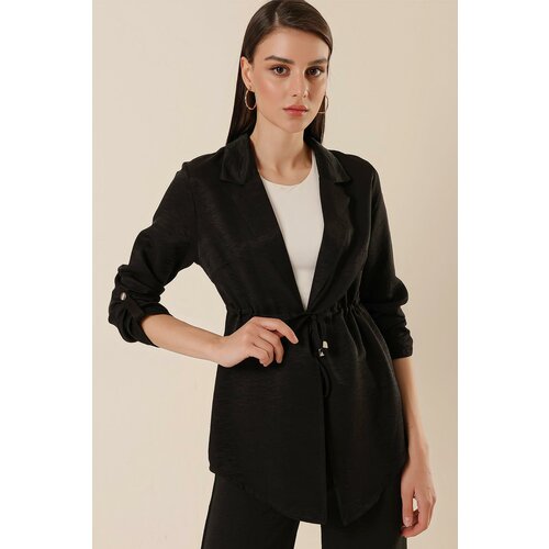 By Saygı Shawl Collar With Folded Sleeves, Drawstring Waist Airobine Jacket Black Cene
