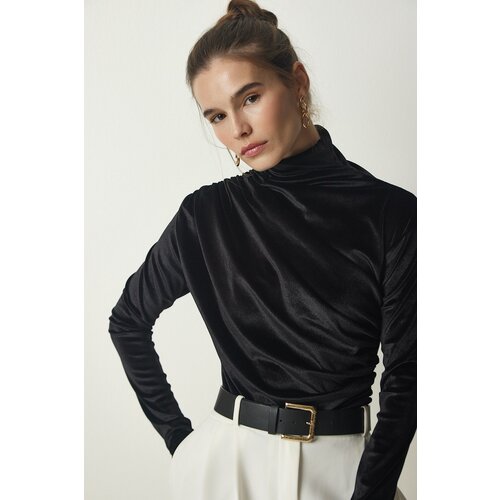 Happiness İstanbul women's black gathered collar elegant velvet blouse Slike