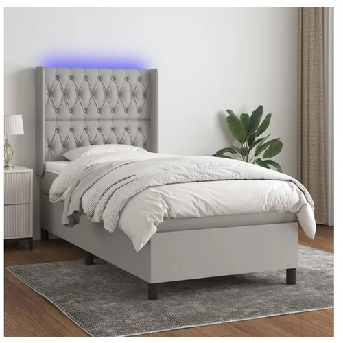  Box spring postelja z vzmetnico LED svetlo siva 90x200 cm blago
