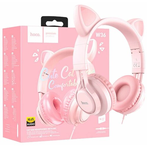 Hoco Slušalice sa mikrofonom, 3.5mm utikač, 1.2m kabel - W36 slušalice Mačje uši,Pink Slike