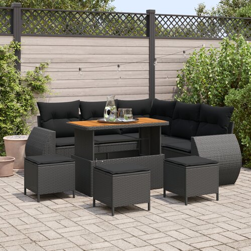 VidaXL 9 komadni vrtni sofa set s jastucima crni poli ratan akacija, 4 komadni vrtni blagovaonski set s jastucima crni poli ratan akacija Slike