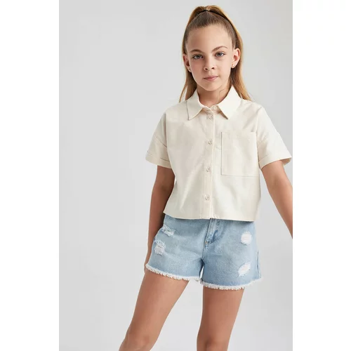 Defacto Girl Crop Linen Short Sleeve Shirt