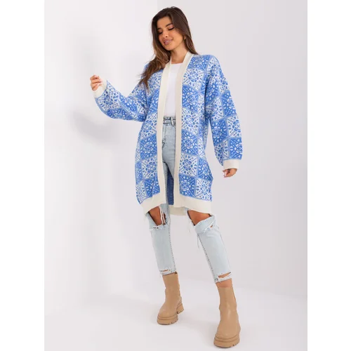 Fashion Hunters Blue and ecru women's cardigan with patterns