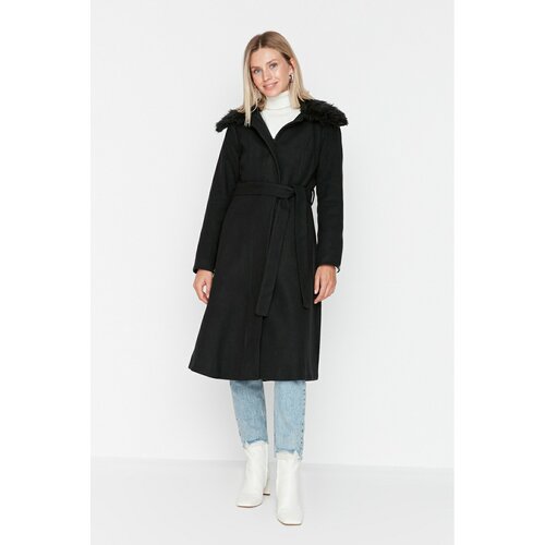 Trendyol Black Collar Furry Belted Long Coat Slike