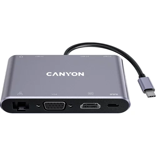 Canyon  8 in 1 USB C hub, with 1*HDMI: 4K*30Hz, 1*VGA, 1*Type-C PD charging port, Max 100W PD input. 3*USB3.0,transfer speed up to 5Gbps. 1*Glgabit Ethernet, 1*3.5mm audio jack, cable 15cm, Aluminum alloy housing,95*55*17.6 mm, 107g, Dark grey - CNS-TDS14