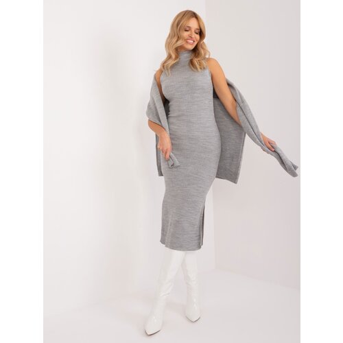 Fashion Hunters Gray knitted set with striped dress Slike