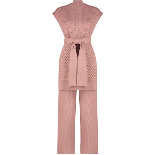 Trendyol Dusty Rose Belted Brass Knitted Sweater-Pants Knitwear Bottom-Top Set