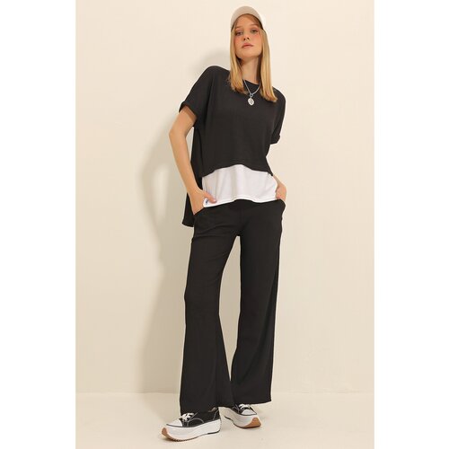 Trend Alaçatı Stili Women's Black Crew Neck Skirt Garnished Blouse and Palazzo Trousers Double Crinkle Suit Slike