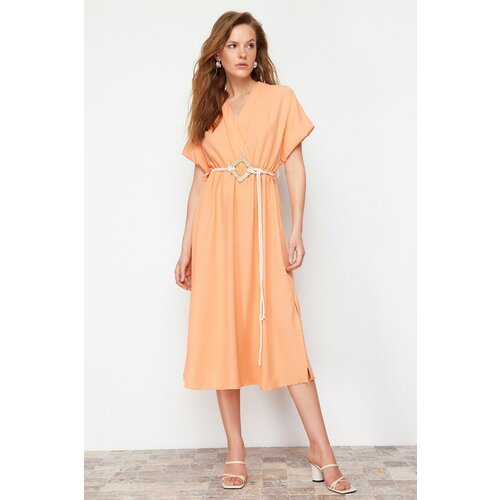 Trendyol Orange Straight A-line Double Breasted Collar Balloon Sleeve Belt Detailed Lily Maxi Dress Slike