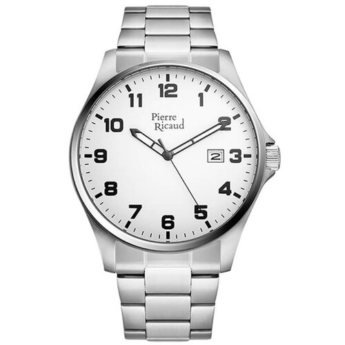 Pierre Ricaud muški quartz arabic datum beli srebrni elegantni ručni sat sa srebrnim metalnim kaišem Cene