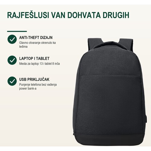 Bruno Poslovni ranac Cross, Anti-theft, USB port, Laptop 13&amp;quot; i tablet 8&amp;quot;, Crni Slike