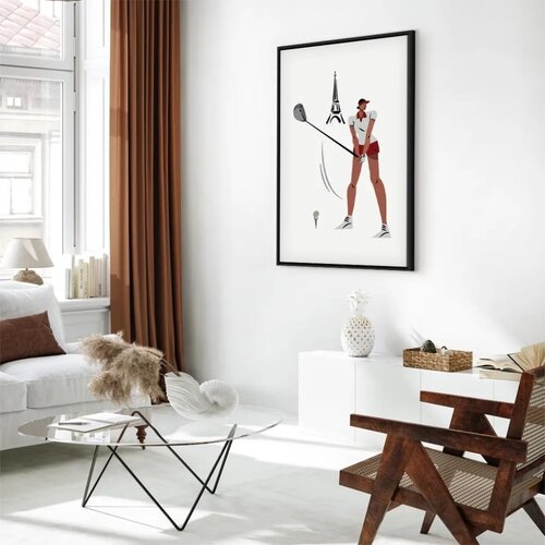  Slika - Female Golfer With the Eiffel Tower in the Background - Illustration 40x60 U crnom drvenom okviru Slike