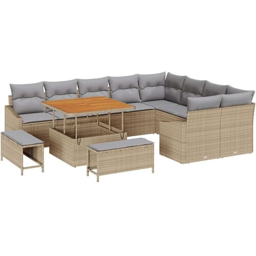  12-dijelni vrtni sofa set s jastučićima Bež Poli Ratan Akacija 2-sjedalna vrtna sofa s spremnikom i jastučićima Bež Poli Ratan Slike