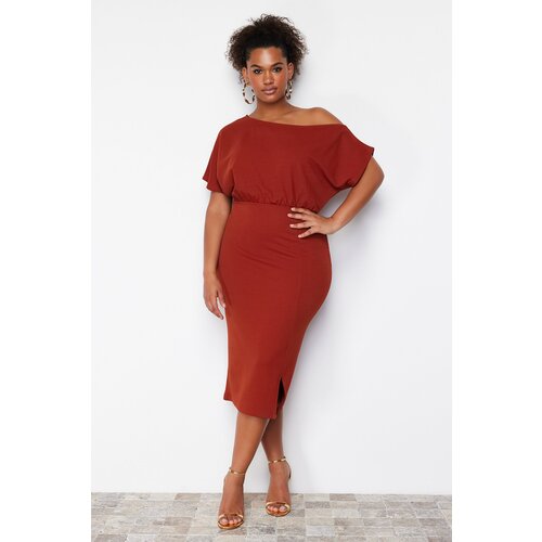 Trendyol curve red one shoulder midi knitted dress Cene