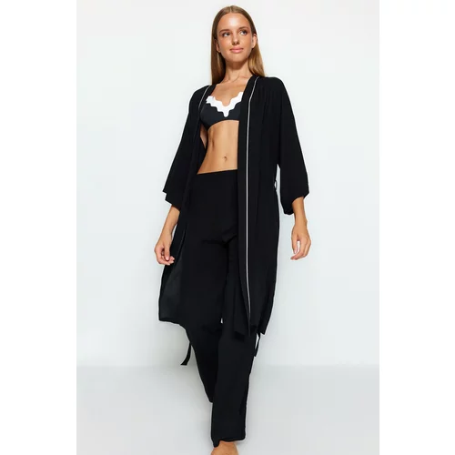 Trendyol Black Viscose Wide-Fit Dressing Gown-Trousers, Woven Pajamas Set