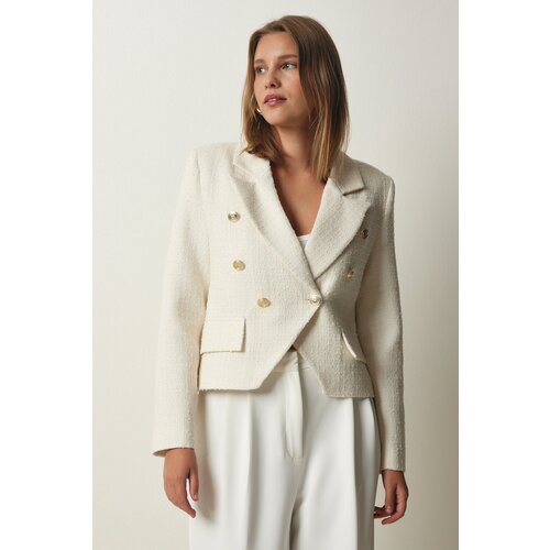 Women&amp;#039;s Ecru Asymmetrical Detailed Crop Tweed Jacket Slike