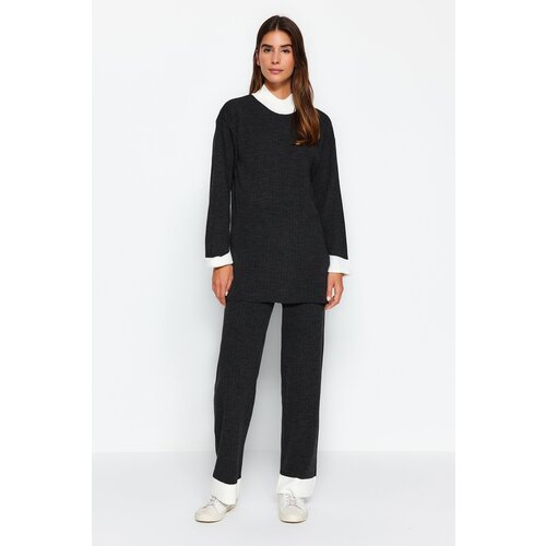 Trendyol Anthracite High Neck Color Block Ribbed Sweater-Pants Knitwear Suit Slike