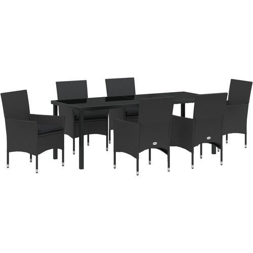 VidaXL 7-dijelni vrtni set s jastučićima Crni Poli Ratan, Vrtni stol crni 200x80x73 cm Kaljeno staklo Slike