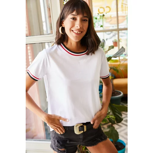 Olalook Women's White Sleeve And Collar Detailed T-Shirt